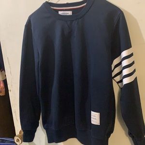 Thom Browne Navy Blue Crewneck Sweatshirt with White Sleeve Stripes